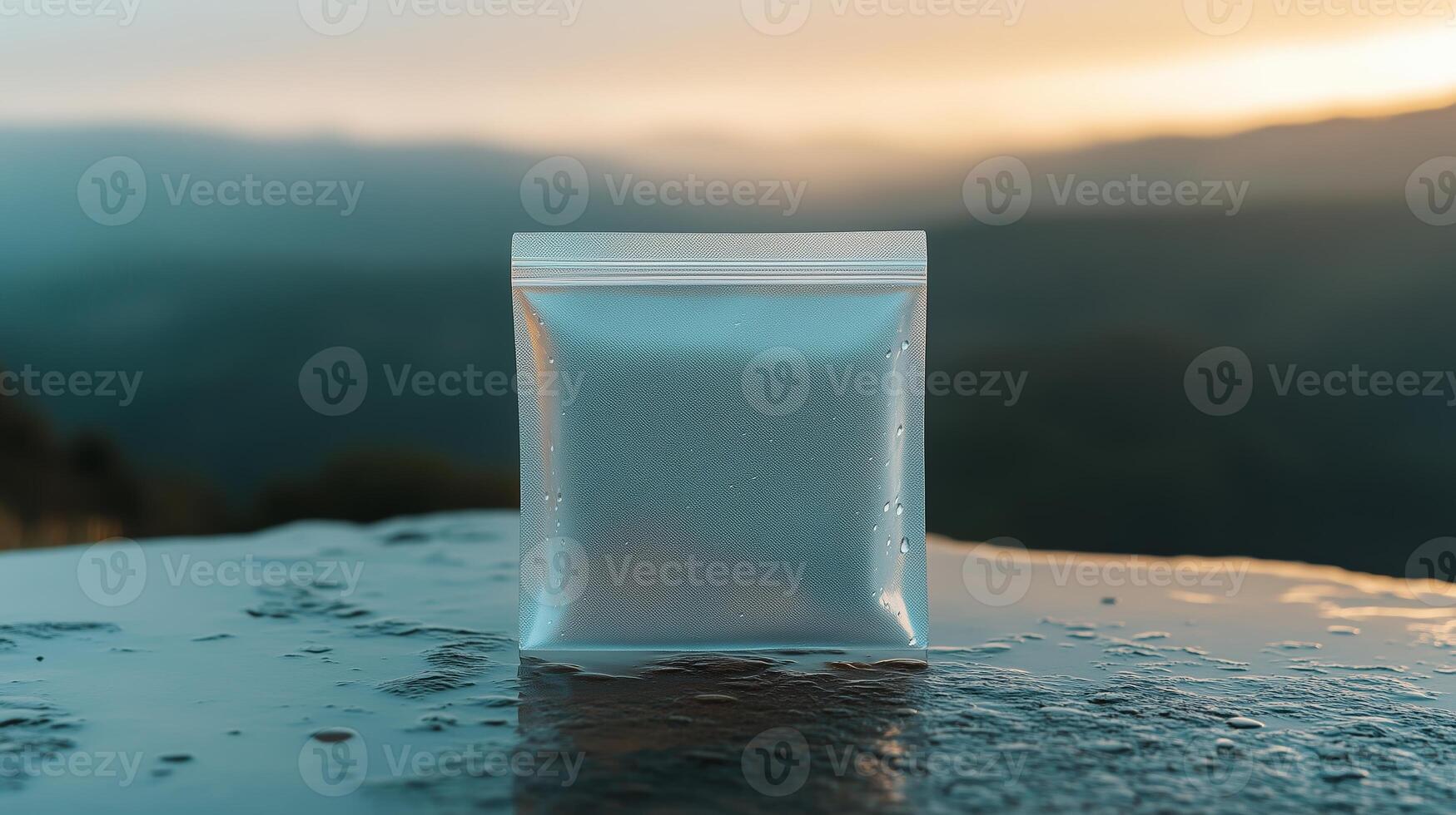 Sunset backdrop featuring a clear package on a wet surface highlighting the beauty of nature and stillness photo