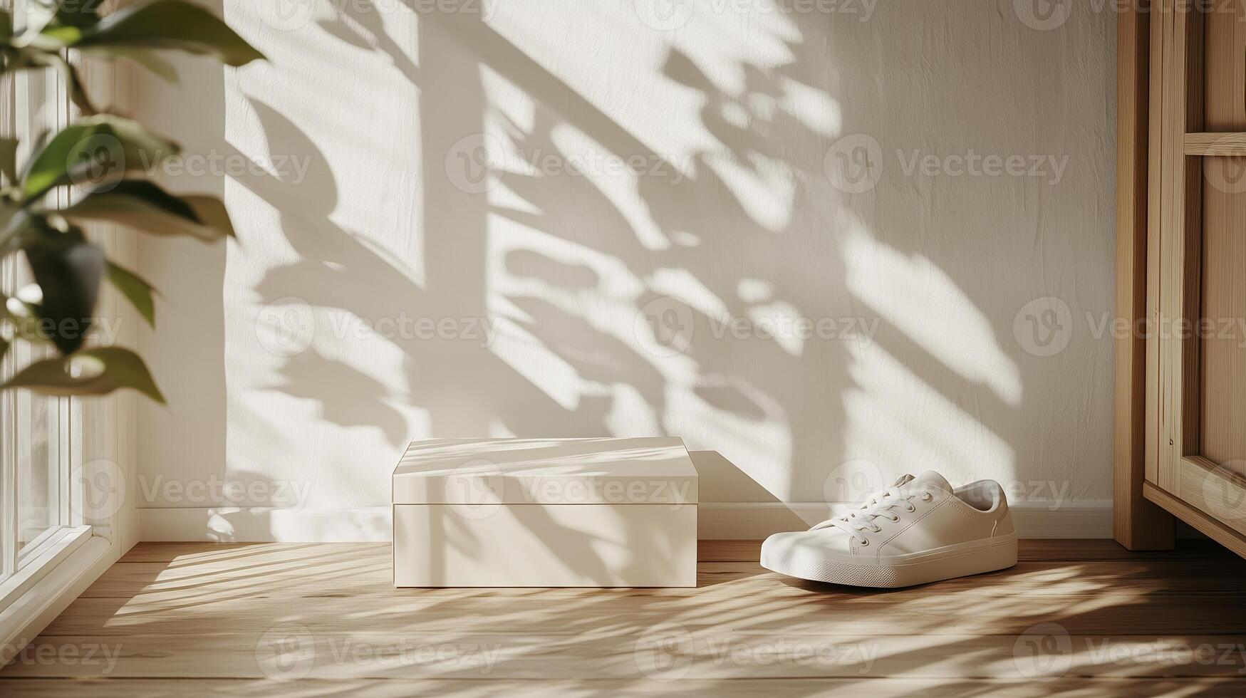 Soft morning light casts playful shadows on a shoe and a box in a serene corner of a minimalistic room photo