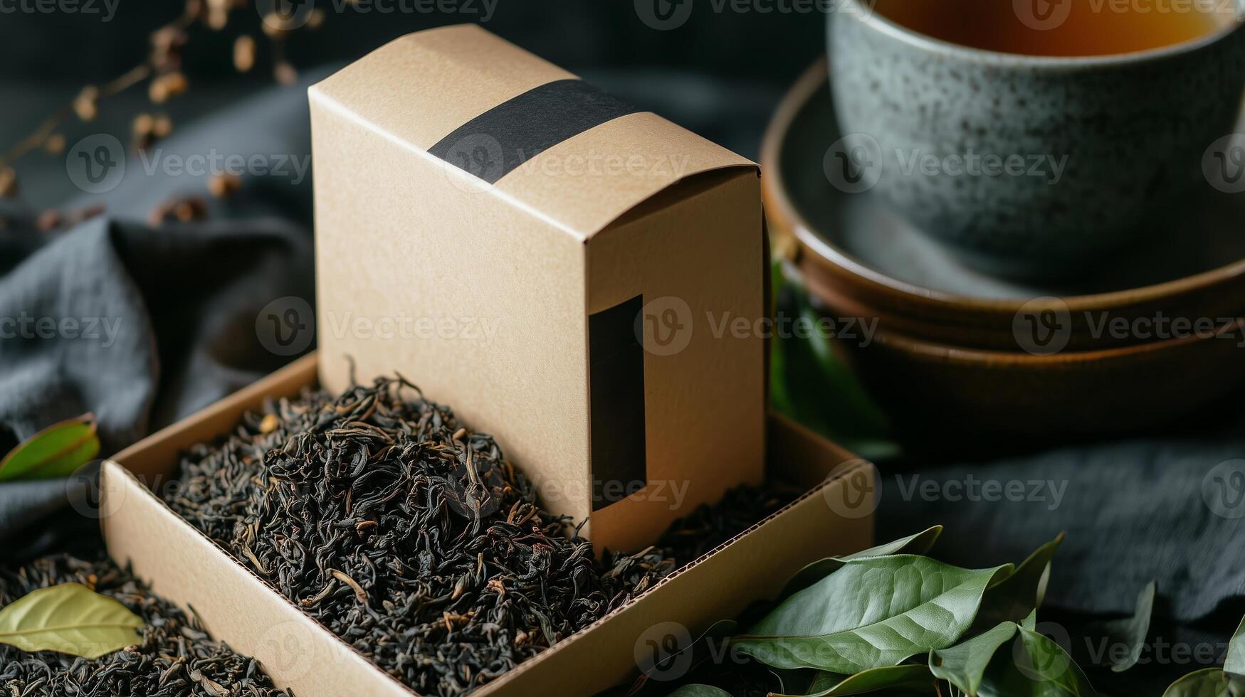 Quality loose leaf tea presented in a cardboard box with a ceramic cup on a dark surface photo