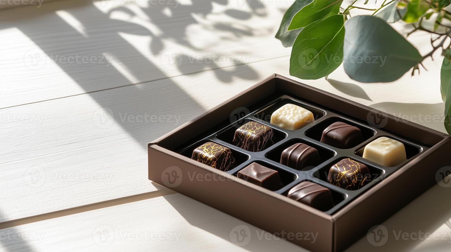 Delicious assorted chocolate box placed on wooden table with natural light in a cozy setting photo