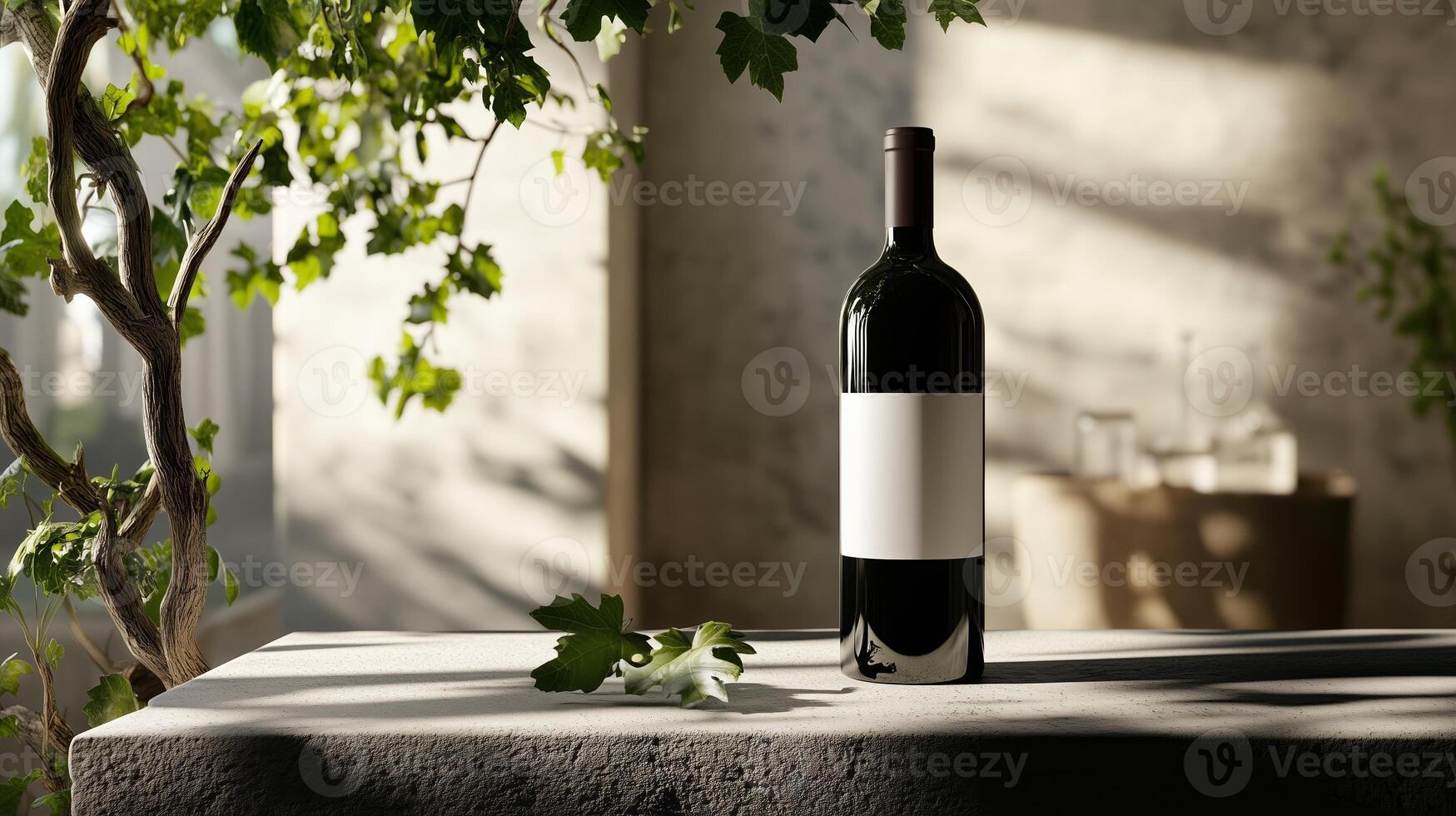 Elegant wine bottle on a stone table surrounded by lush greenery in a bright contemporary setting photo