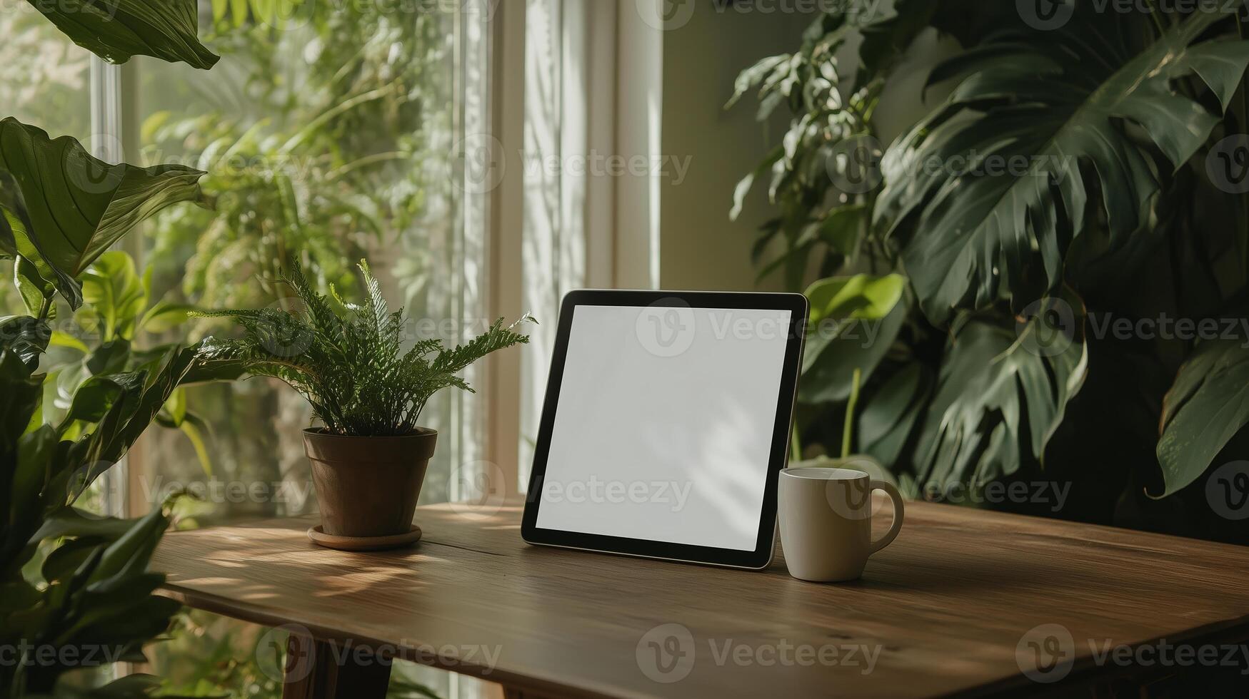 Interior workspace showcases tablet, coffee, and plants in a cozy setting with natural light streaming in during daytime photo