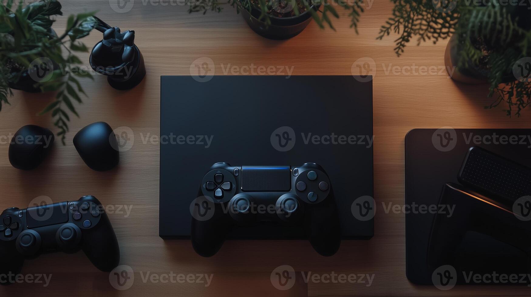 Gaming setup with console, controllers, and accessories on wooden surface surrounded by greenery photo