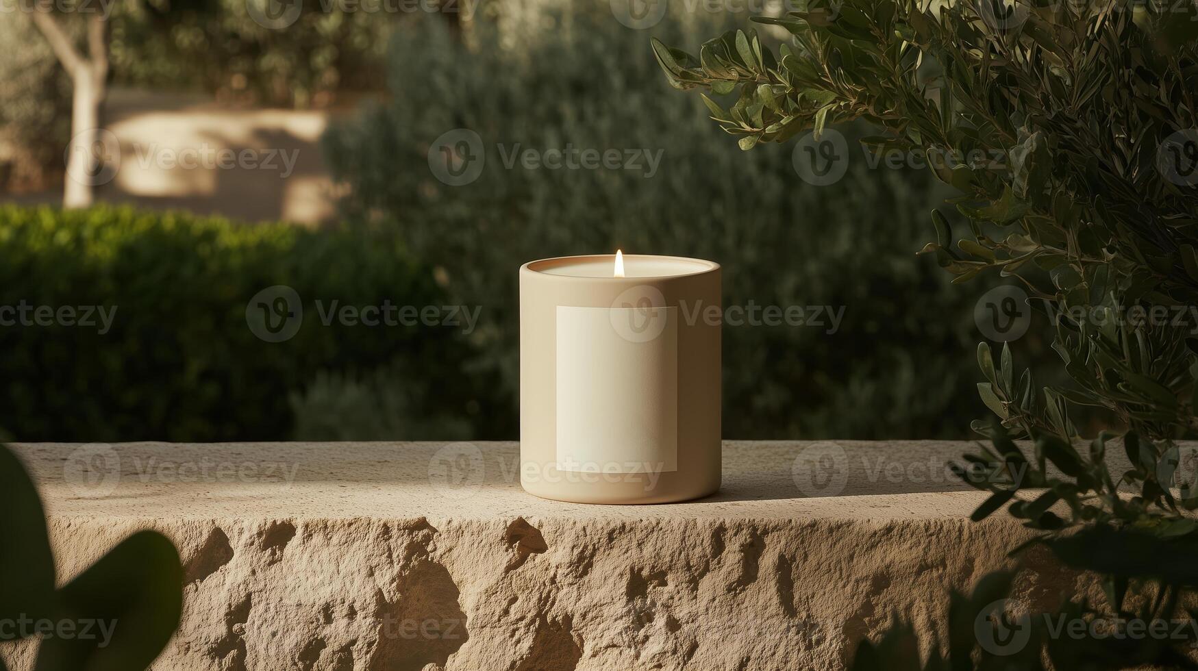 Candle placed on a stone ledge surrounded by greenery in a serene outdoor setting during daylight hours photo