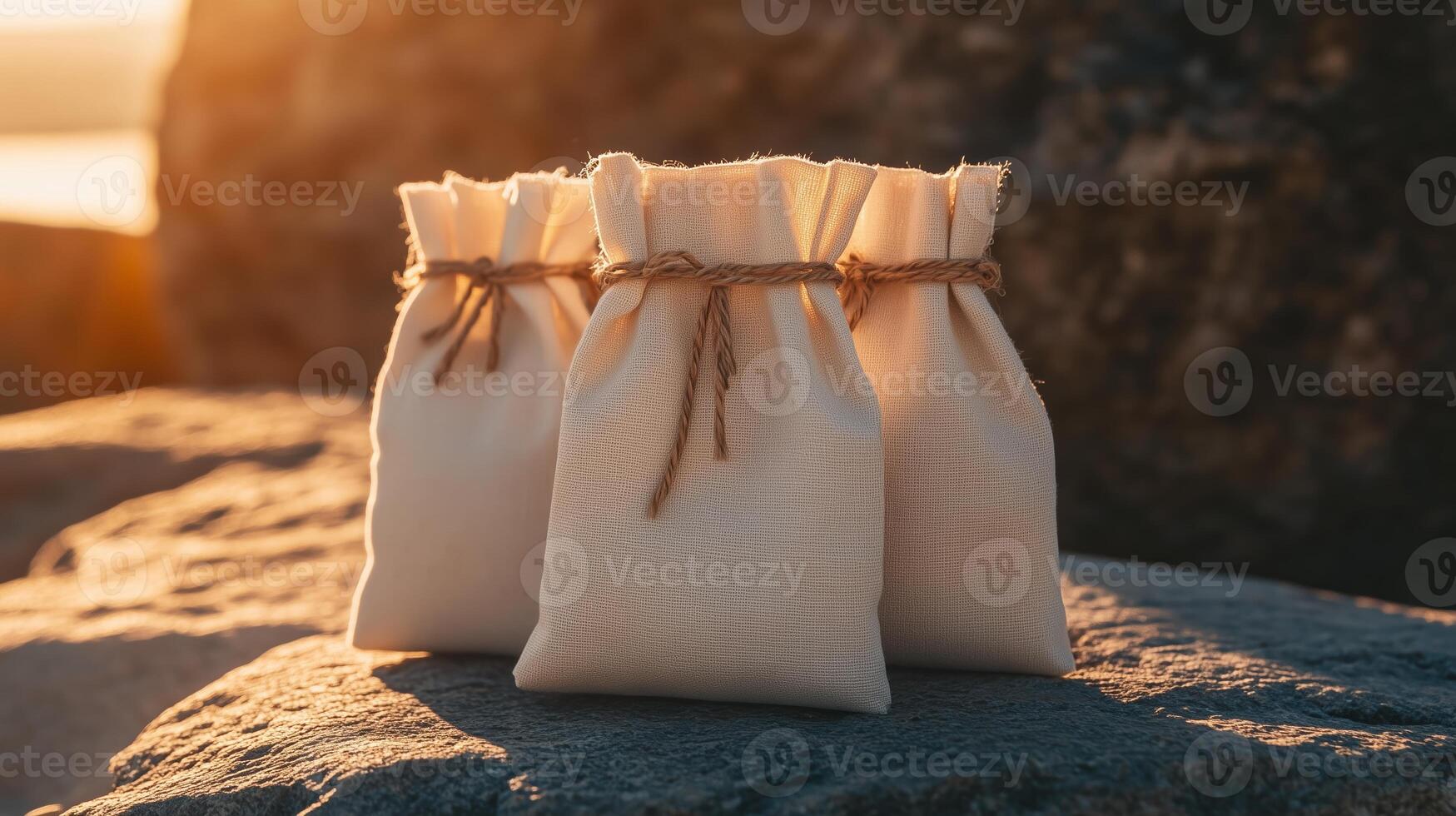 Fabric bags arranged on a rock during sunset by the ocean with a warm glow creating an inviting atmosphere photo