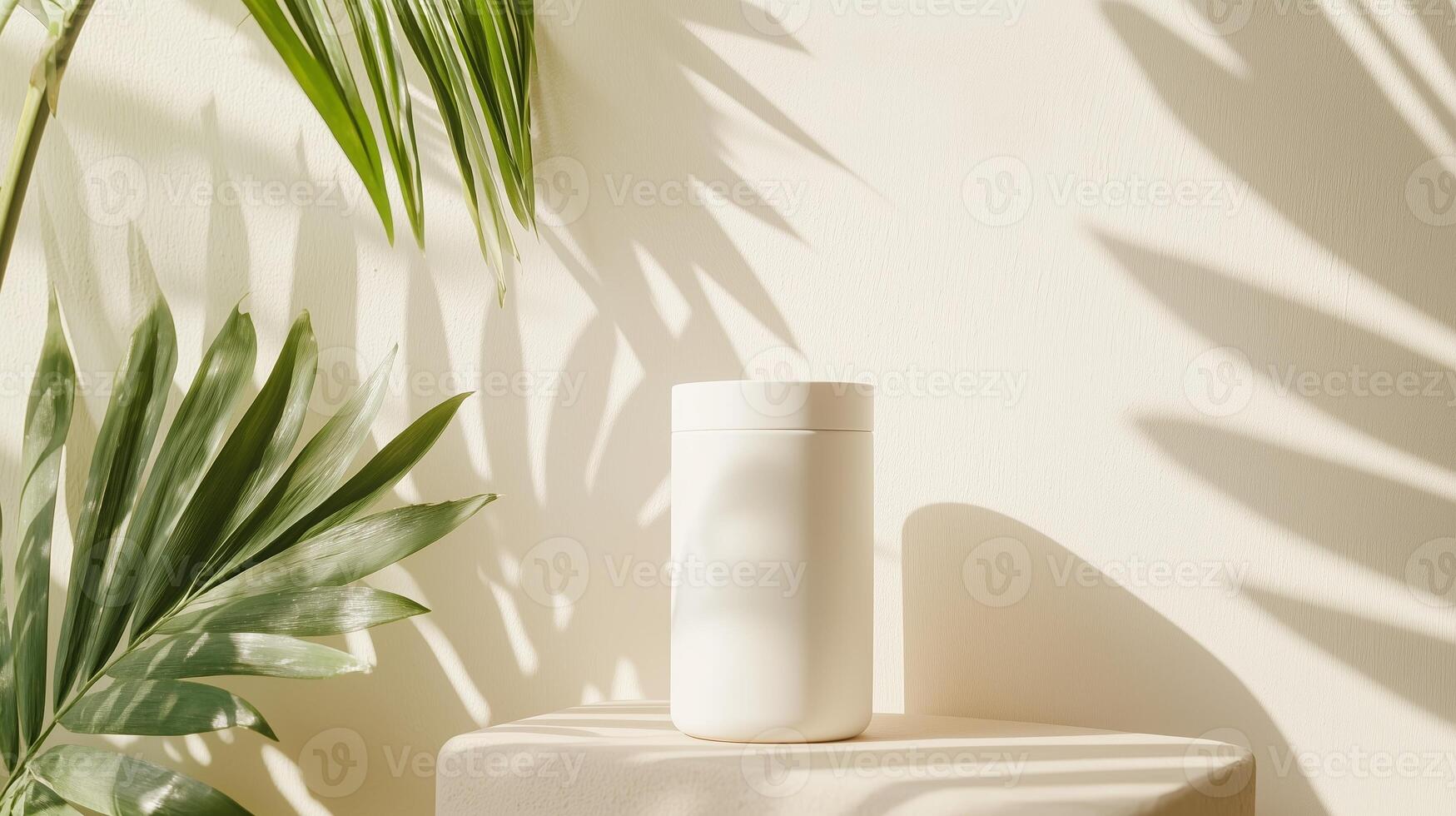 Minimalistic container with tropical leaves casting shadows in a bright, natural setting during daylight hours photo