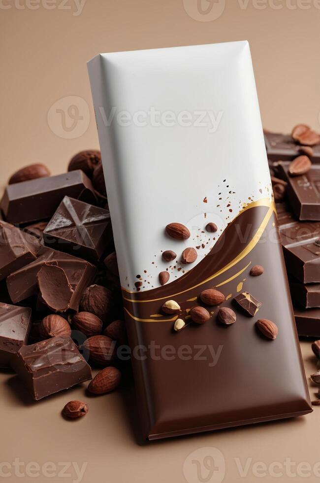 Rich dark chocolate and cocoa beans arranged artistically on a neutral background in a cozy kitchen setting photo