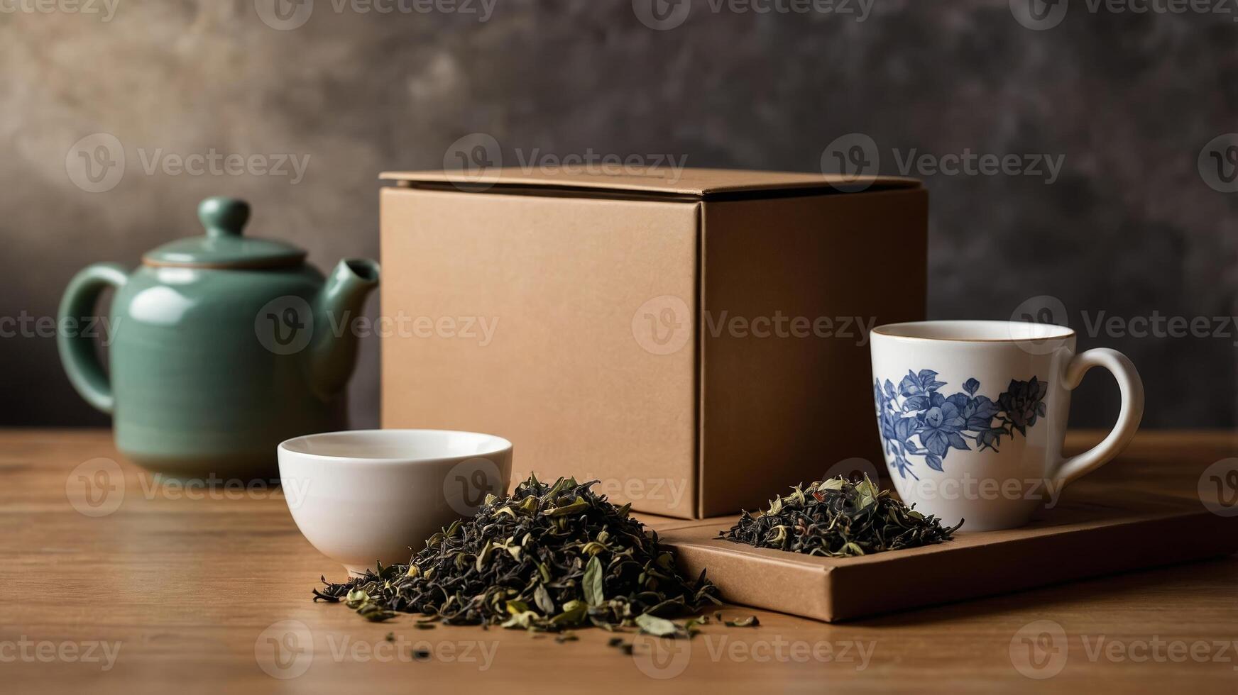 Tea preparation in a serene setting with loose tea leaves, a teapot, and elegant cups showcasing an inviting atmosphere photo