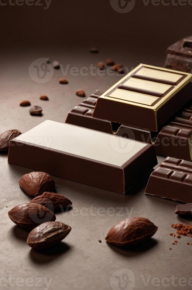 Chocolate bars arranged artistically with cocoa beans on a textured surface in a warm, inviting setting photo