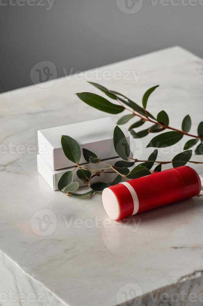 Modern arrangement of skincare products on marble surface with greenery in natural light photo