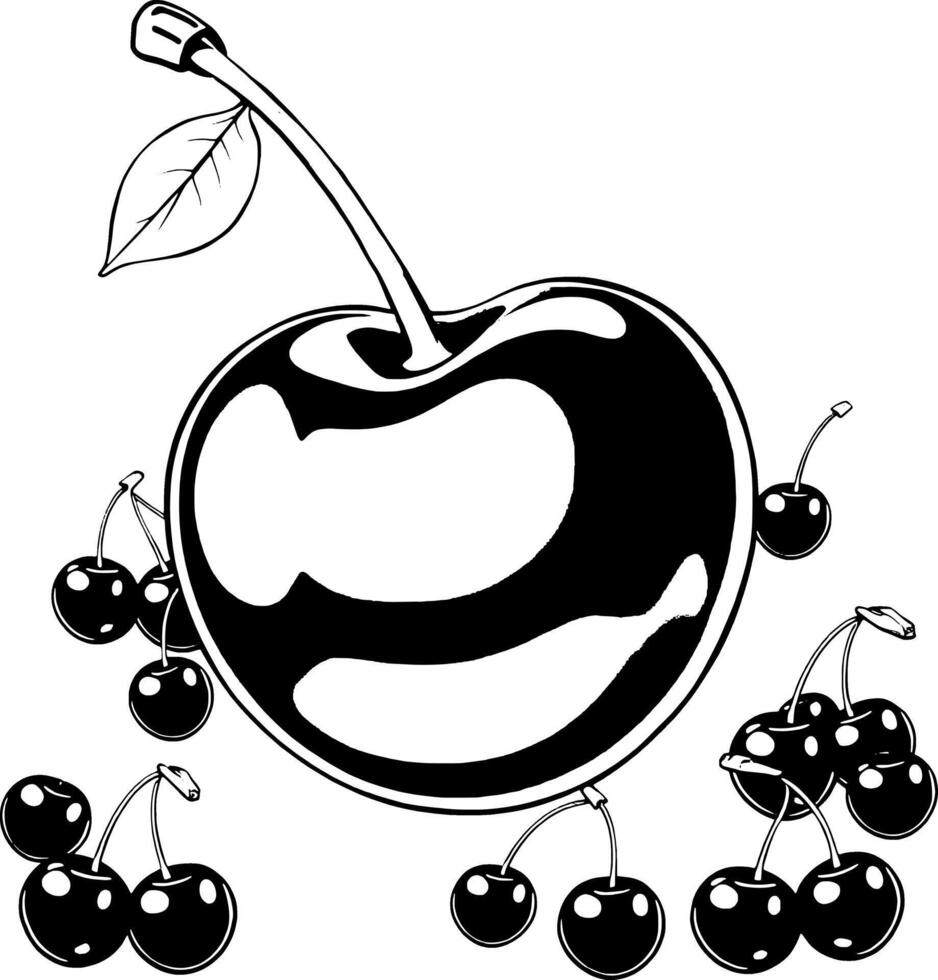 A Single Large Glossy Red Cherry With Smaller Cherries Scattered Around It vector