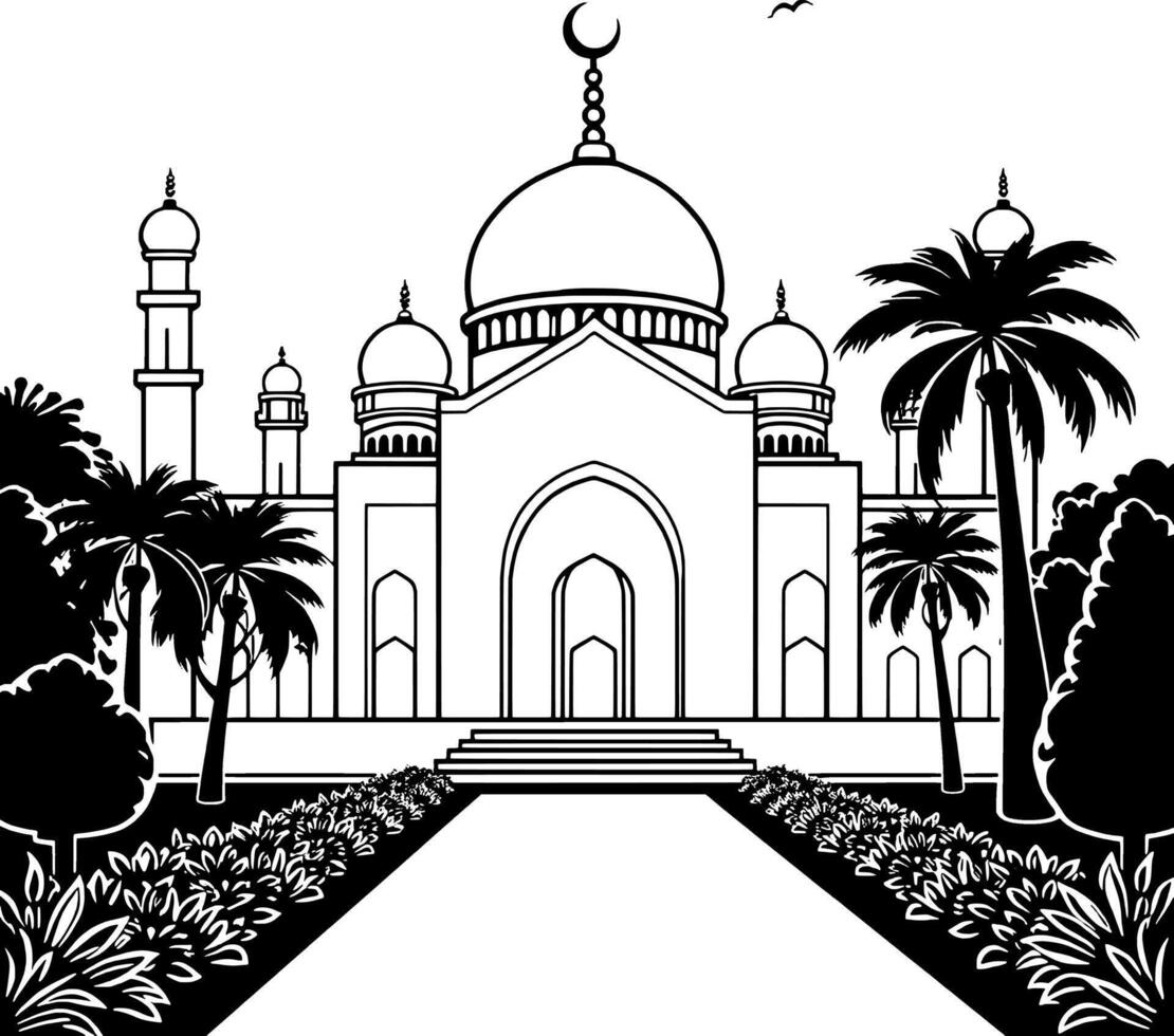 Majestic Mosque Architecture A Black And White Illustration Of A Grand Mosque Surrounded By Lush Tro vector