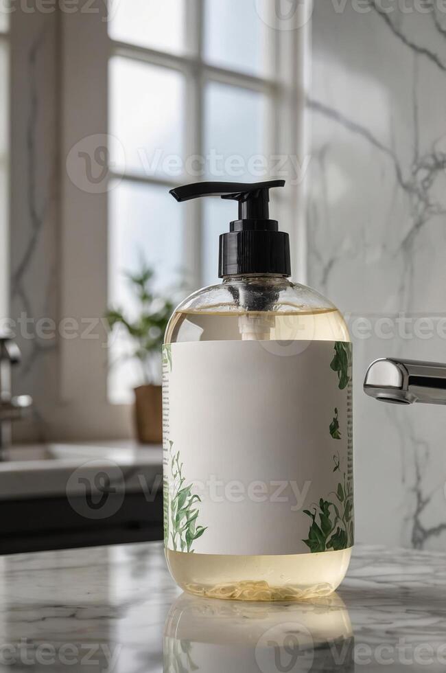 Clear bottle of liquid soap with plant design on kitchen countertop by window during daylight photo