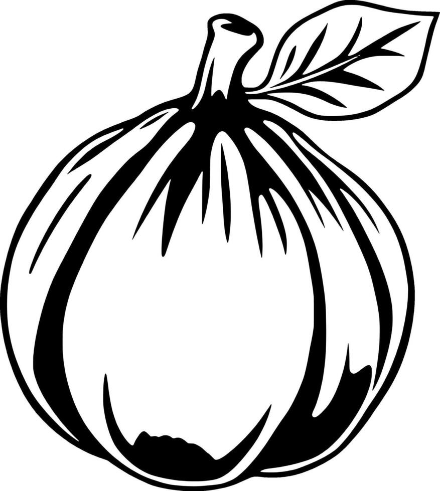 A Single Fresh Fig With Leaf Black And White Illustration vector
