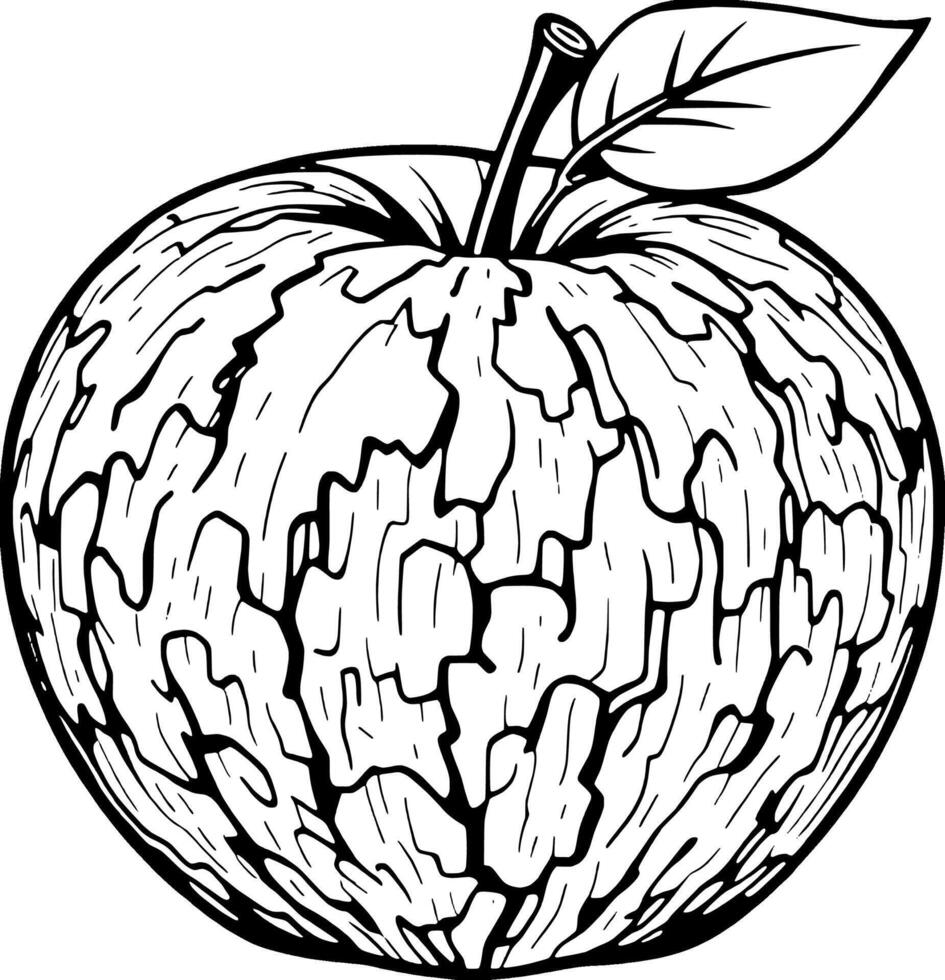 Detailed Line Art Drawing Of A Cracked Apple With Leaf vector