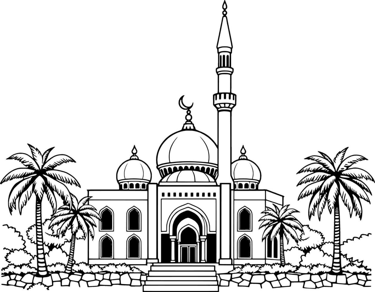 Elegant Line Drawing Of A Mosque With Palm Trees vector