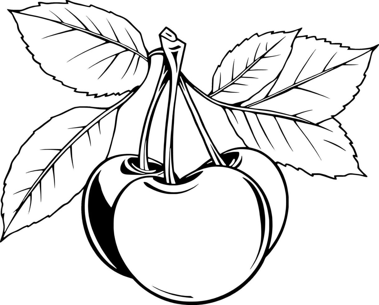 Line Art Illustration Of Two Cherries With Leaves Simple Design vector