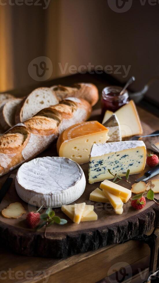 A rustic wooden board is artfully arranged with a variety of cheeses, including blue cheese, camembert, and cheddar, accompanied by a sliced baguette photo