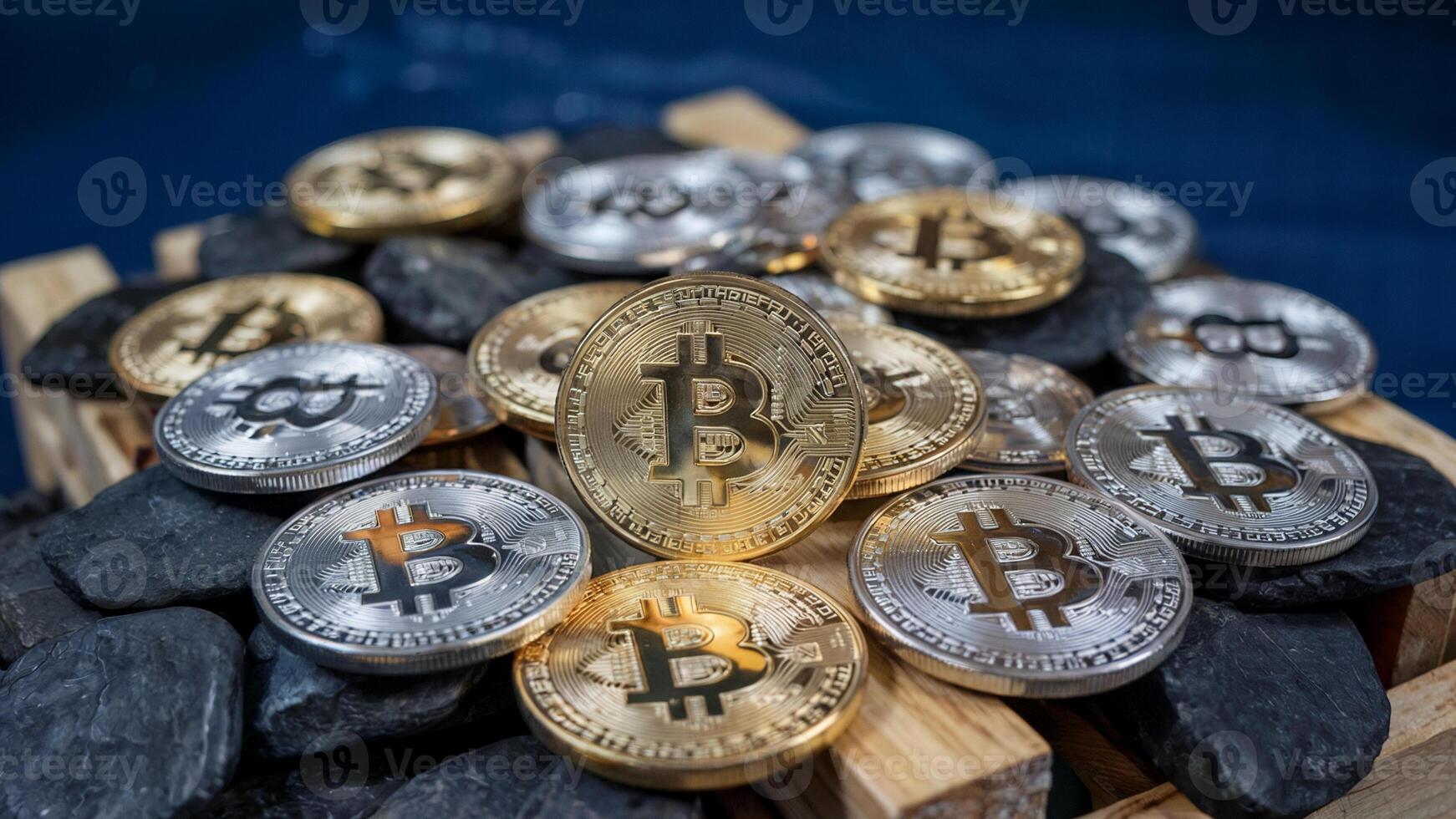 A collection of gold and silver Bitcoin coins is stacked on dark rocks and wooden blocks. photo