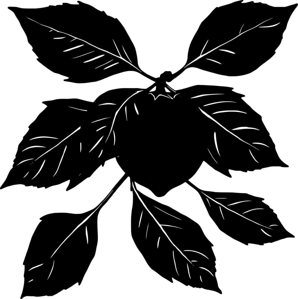 Monochrome Illustration Of A Single Apple Hanging From A Branch With Lush Leaves vector