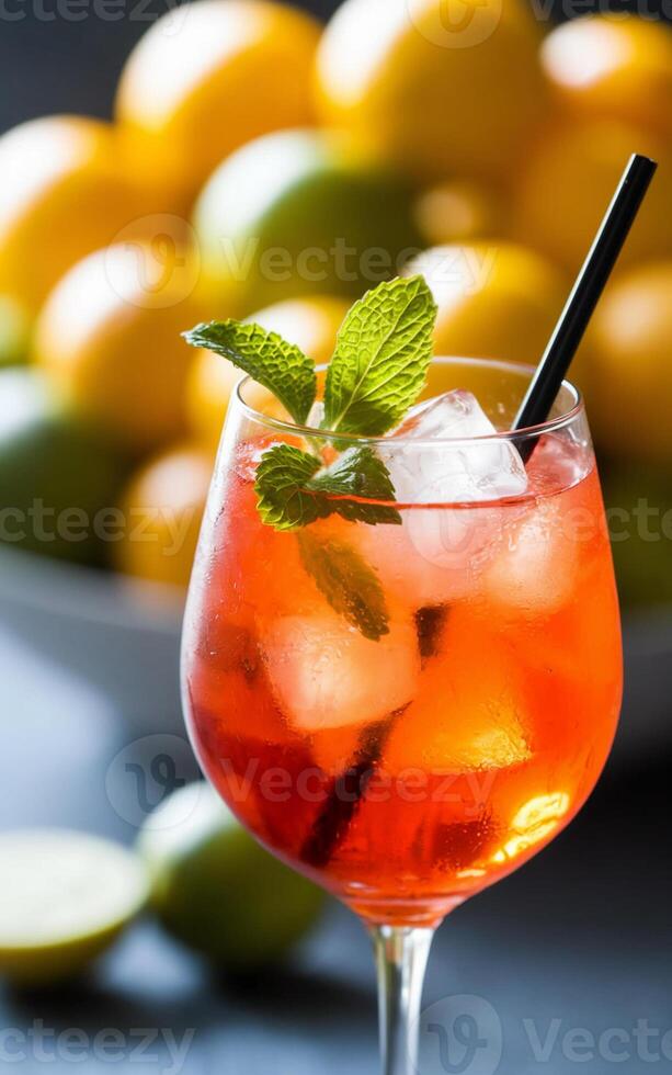A refreshing cocktail garnished with mint leaves and served in a wine glass stands prominently in the foreground, with a bowl of lemons and limes softly blurred in the background. photo