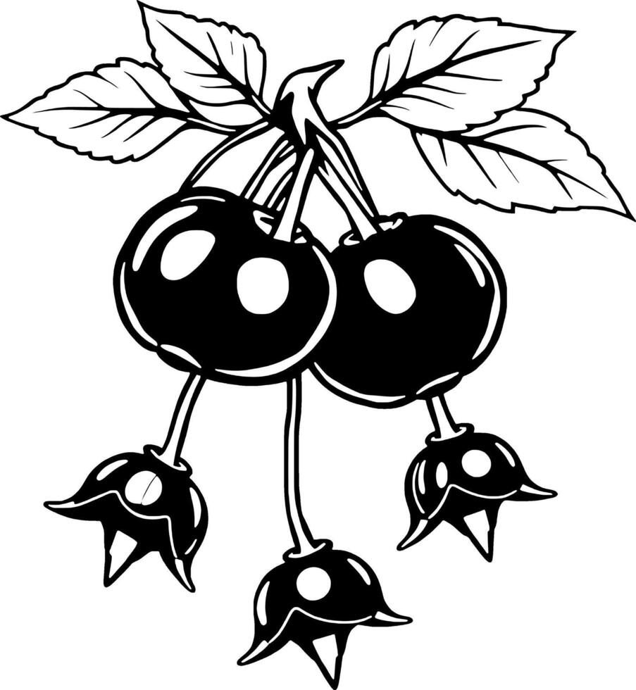 Black And White Illustration Of Cherries On A Branch With Leaves vector
