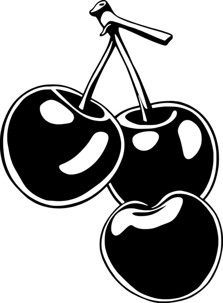 Three Ripe Cherries Clustered Together On A Stem Black And White Illustration vector