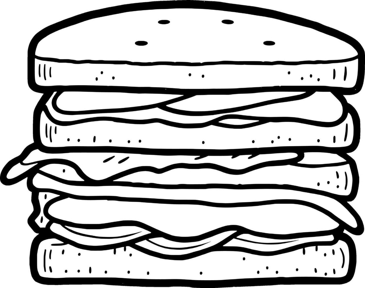 Delicious Three-Layered Sandwich Illustration A Simple Hand-Drawn Design Featuring Bread Tomato and Ot vector