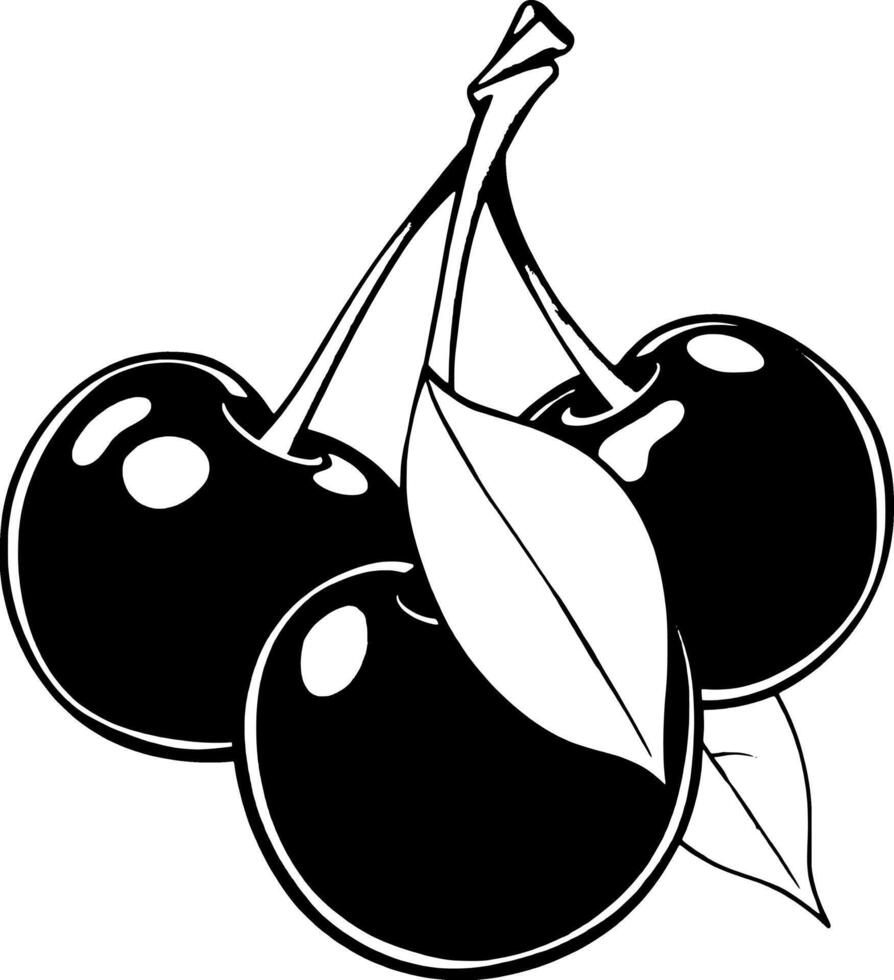 Three Ripe Cherries on a Stem with Lush Green Leaves vector