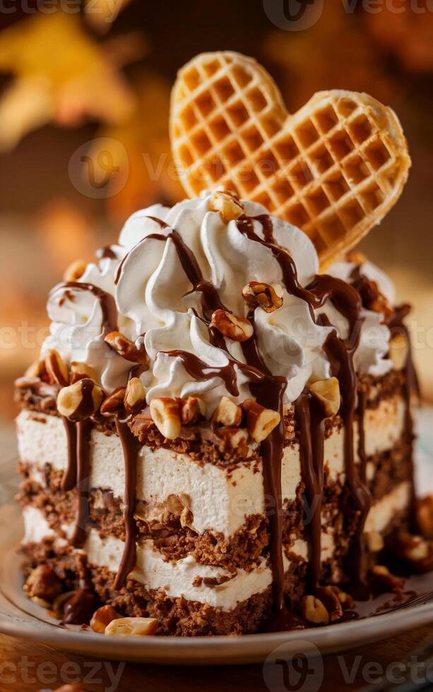 A decadent dessert features layers of chocolate and cream, topped with whipped cream, chocolate syrup, and a heart-shaped waffle photo