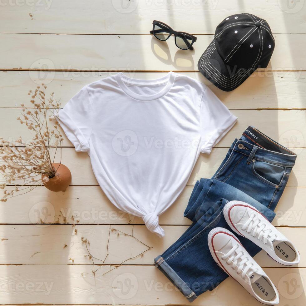 A casual outfit is neatly arranged on a light wooden floor, featuring a white knotted t-shirt, blue jeans, white sneakers, a black cap, and sunglasses. photo