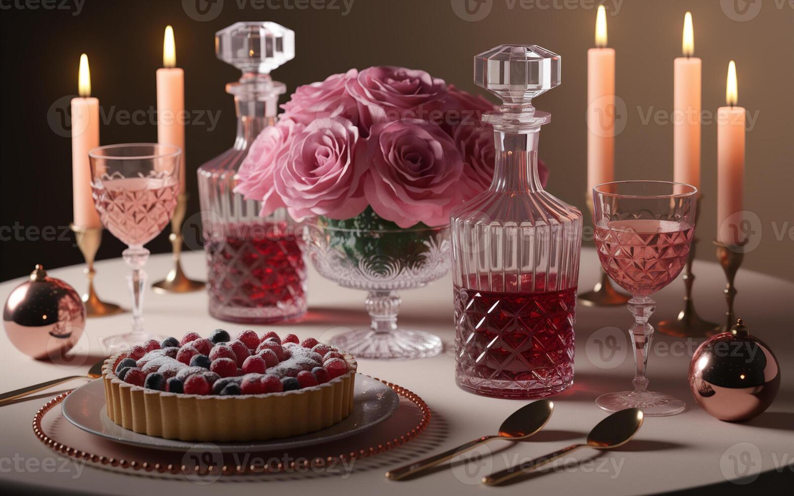 A lavish table setting features a berry-topped tart surrounded by crystal glassware and a bouquet of pink roses photo