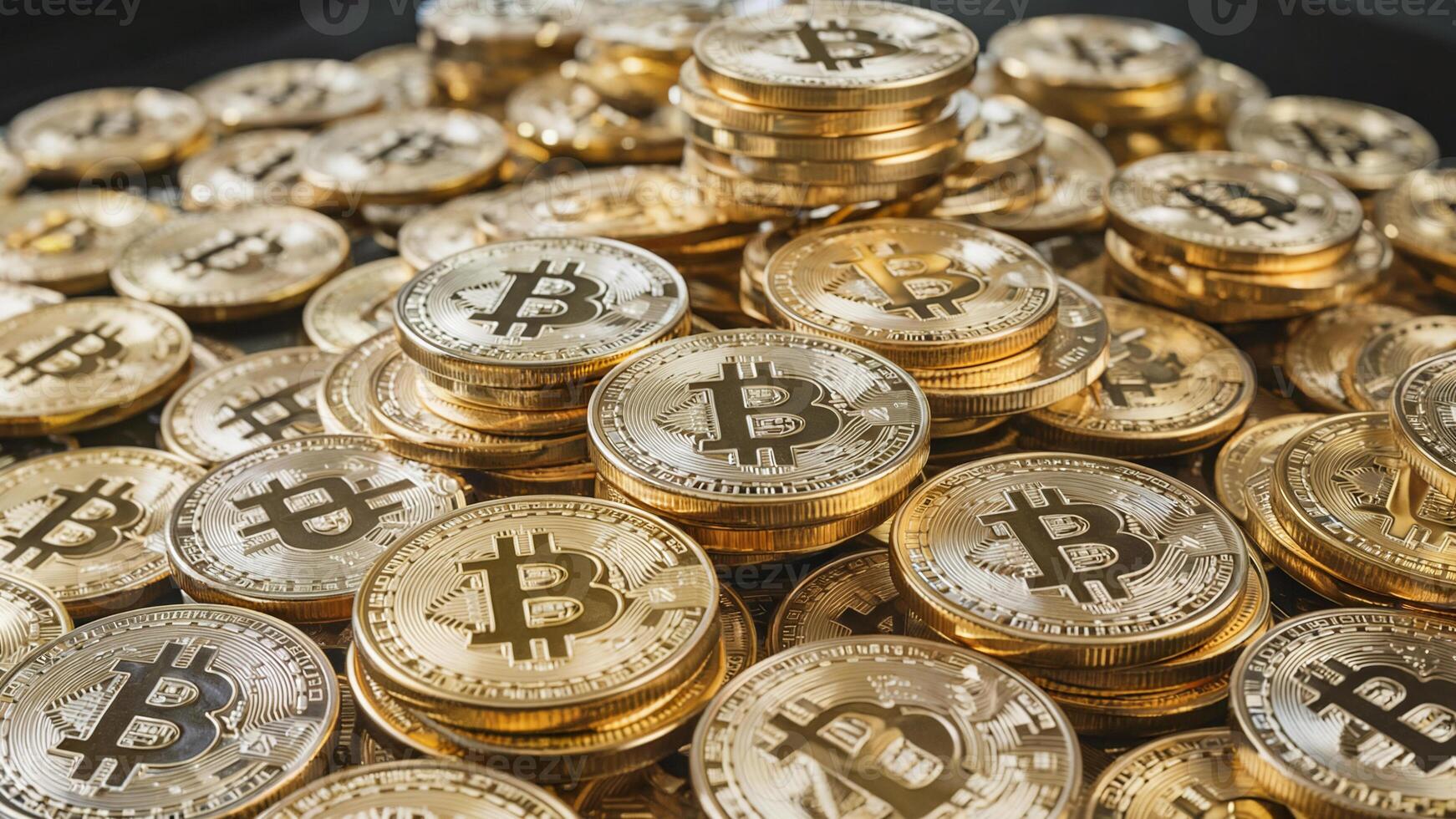 Stacks of shiny gold coins featuring the Bitcoin symbol are displayed, suggesting a focus on cryptocurrency wealth and trading. photo