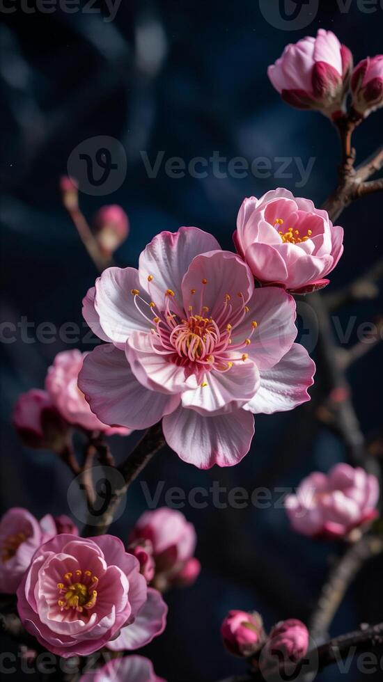 Delicate pink cherry blossoms bloom on dark, graceful branches against a blurred background, showcasing intricate petal details. photo