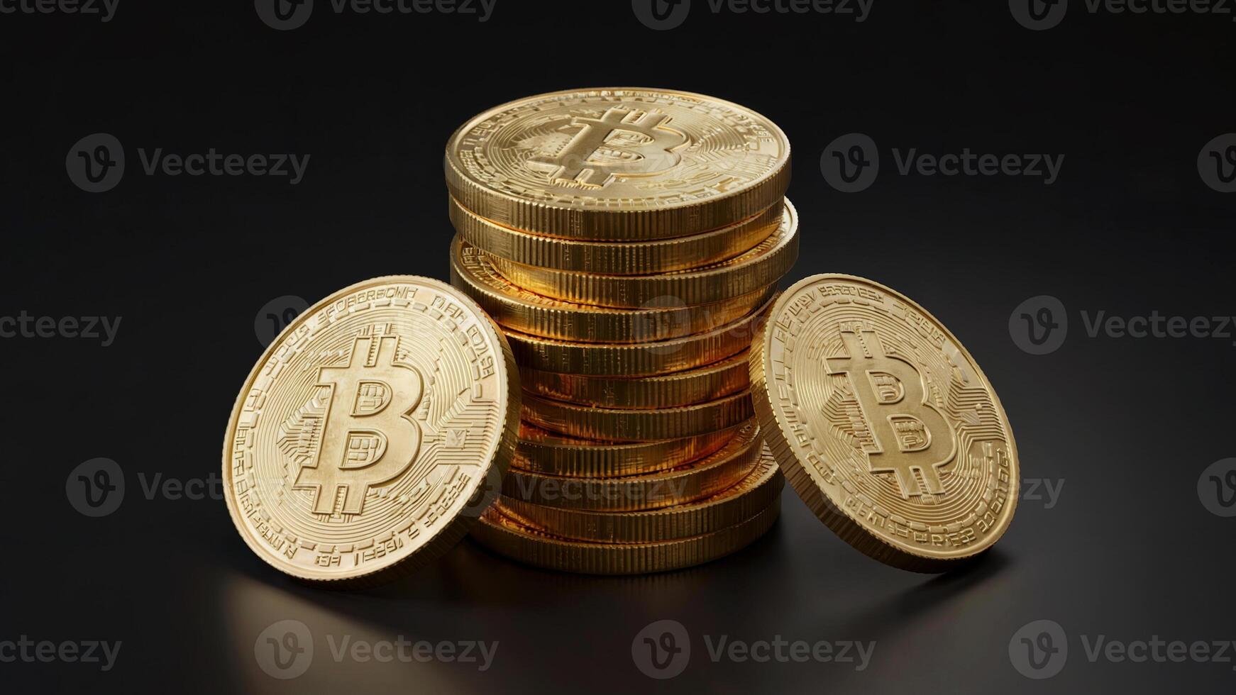 A stack of shiny golden coins, each emblazoned with the Bitcoin symbol, lies against a dark background photo