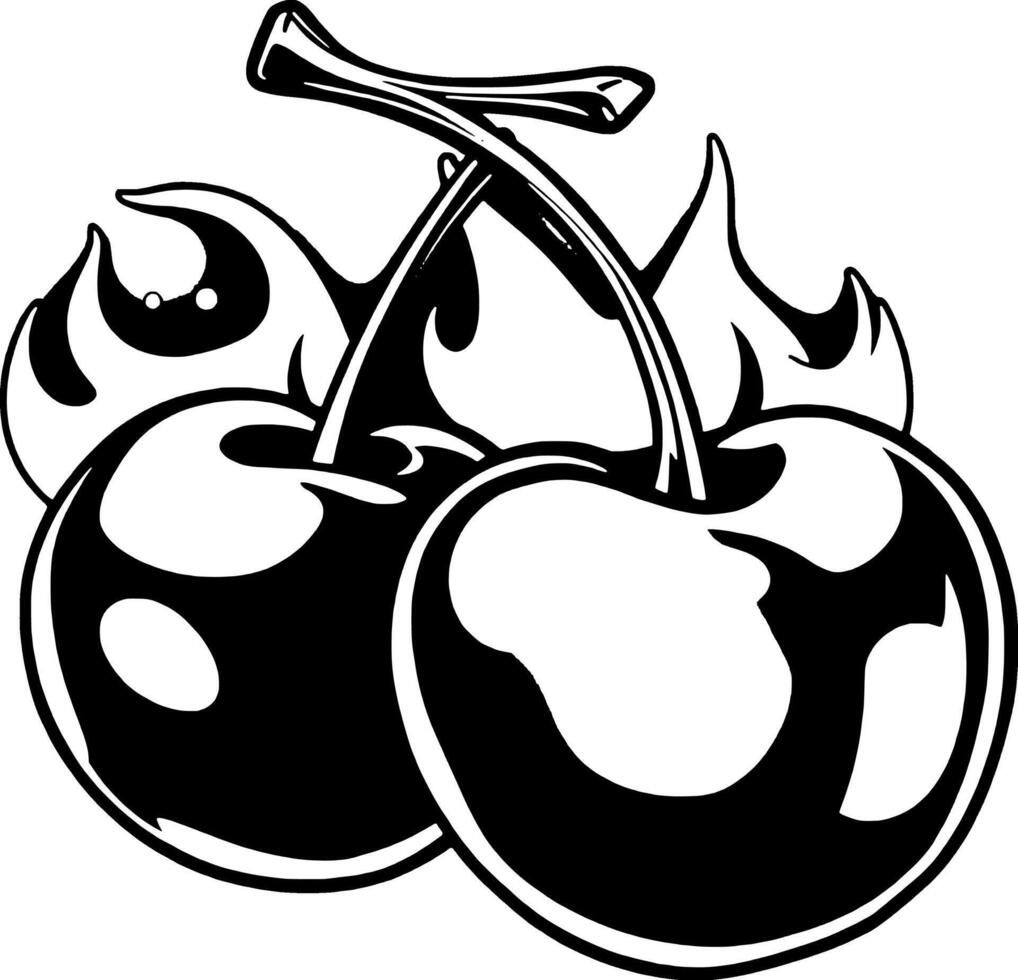 Flaming Cherries A Bold Graphic Design of Two Ripe Cherries Enveloped in Fiery Flames vector