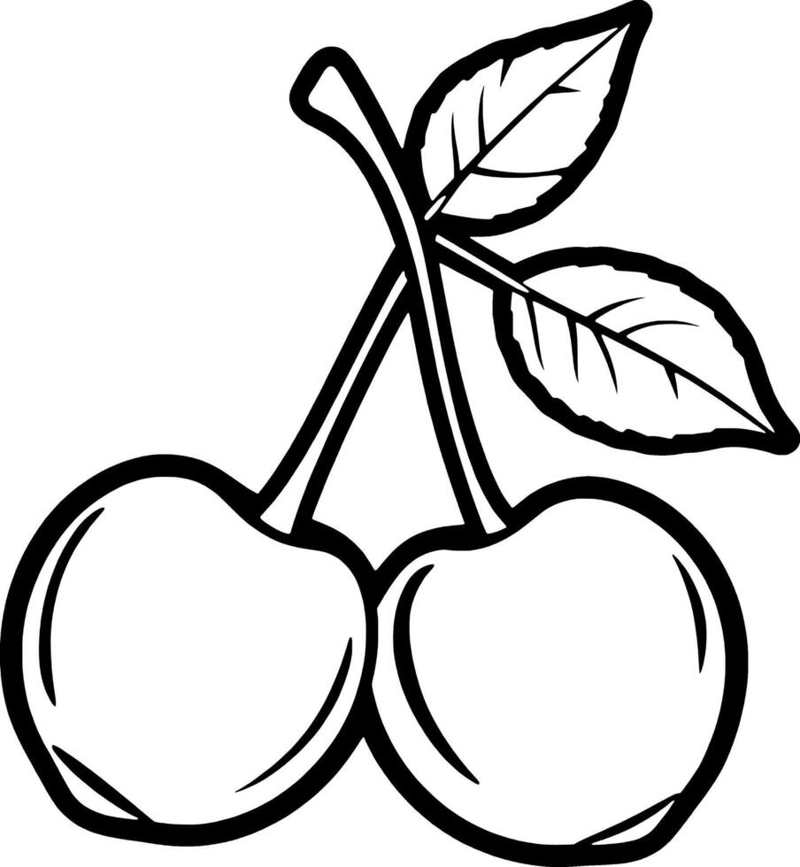 Two Cherries With Stem and Leaves A Simple Line Drawing vector