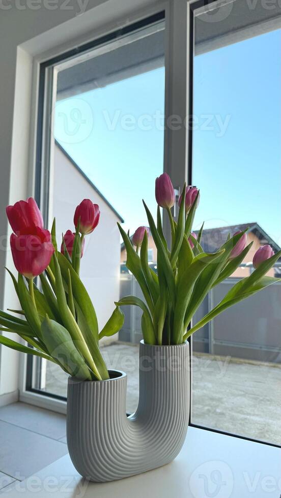 Stylish Pink tulip bouquet in a modern U-shaped vase in warm day-sunlite photo
