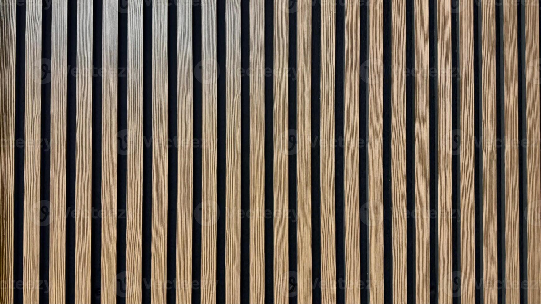 Vertical Wooden Slats Creating a Patterned Architectural Design on Indoor Walls. Vertical wooden slats form a visually appealing architectural wall design, enhancing interior aesthetics and texture. photo