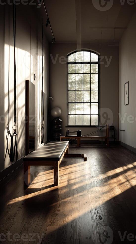 serene minimalist pilates studio with dramatic lighting, featuring wooden equipment, large window, and soft shadows photo