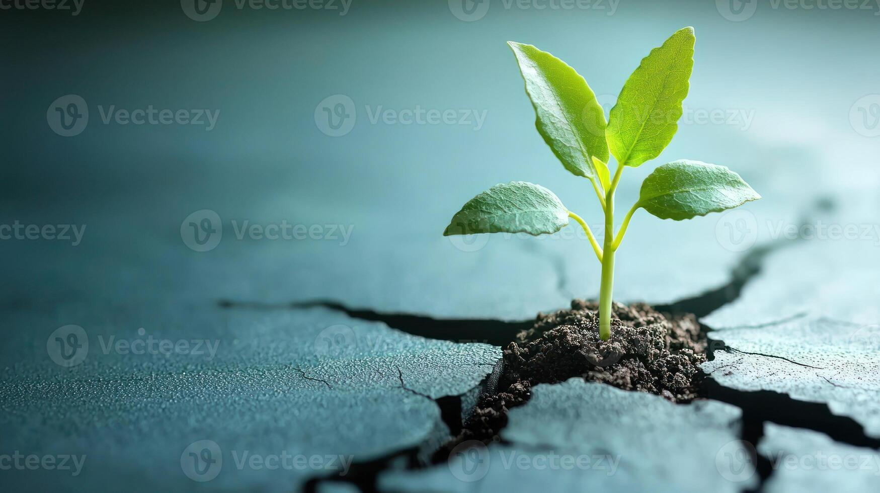 small green plant emerges resiliently through cracked soil, symbolizing growth, hope, and power of nature in challenging conditions photo