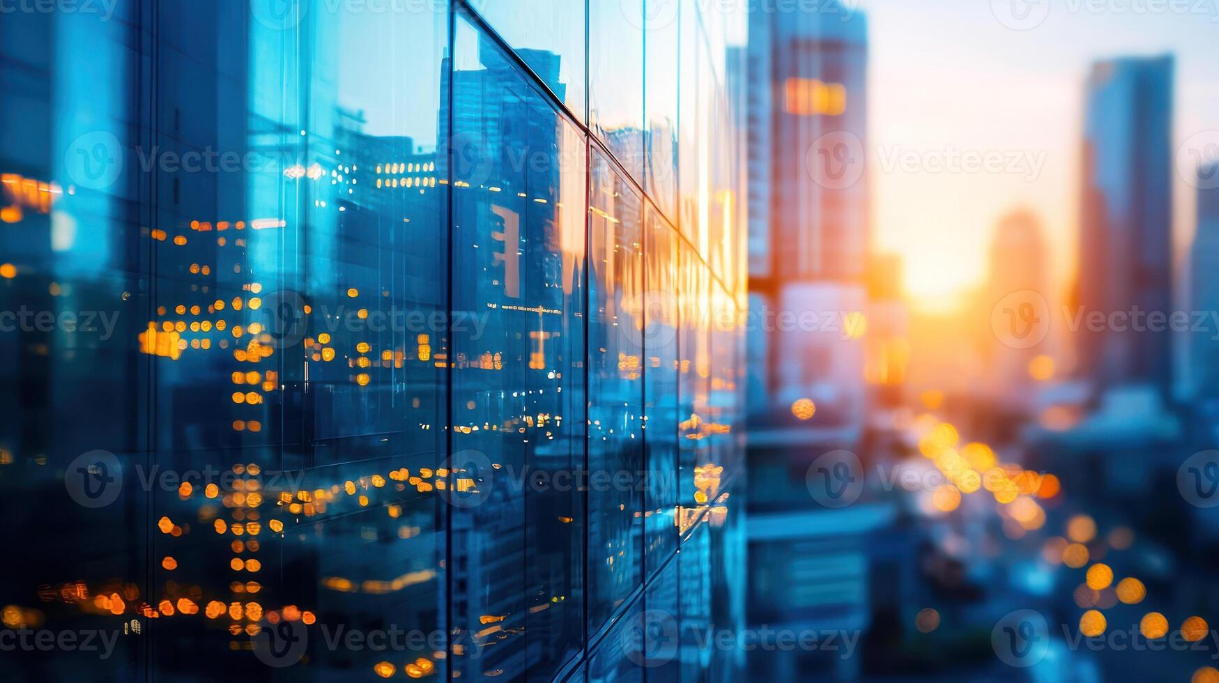 modern cityscape with glass building reflections and vibrant sunset bokeh lights, creating dynamic and urban atmosphere photo