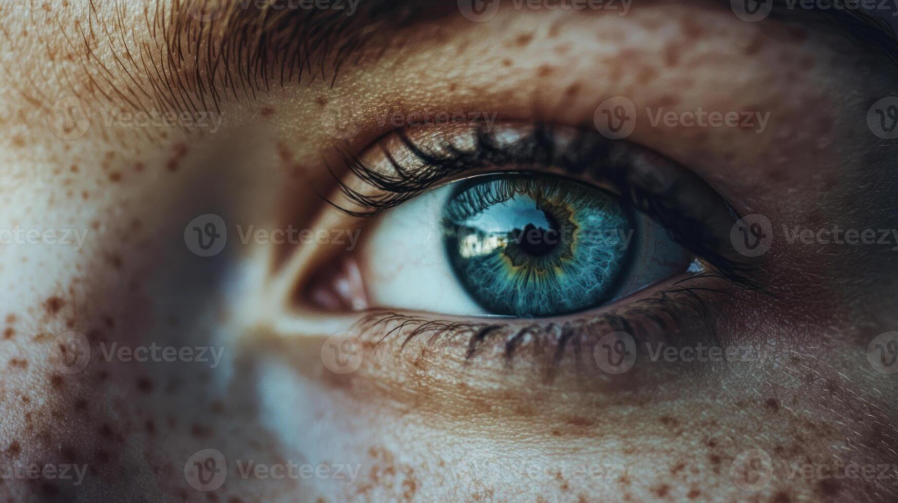 close up of freckled face with vibrant blue green eye, showcasing intricate details of iris and eyelashes, evoking sense of health and well being photo