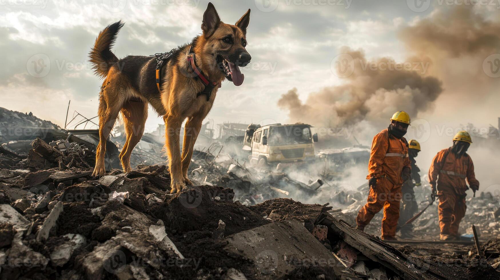 heroic rescue dog stands amidst earthquake rubble, aiding search efforts as rescue workers navigate devastation with determination photo
