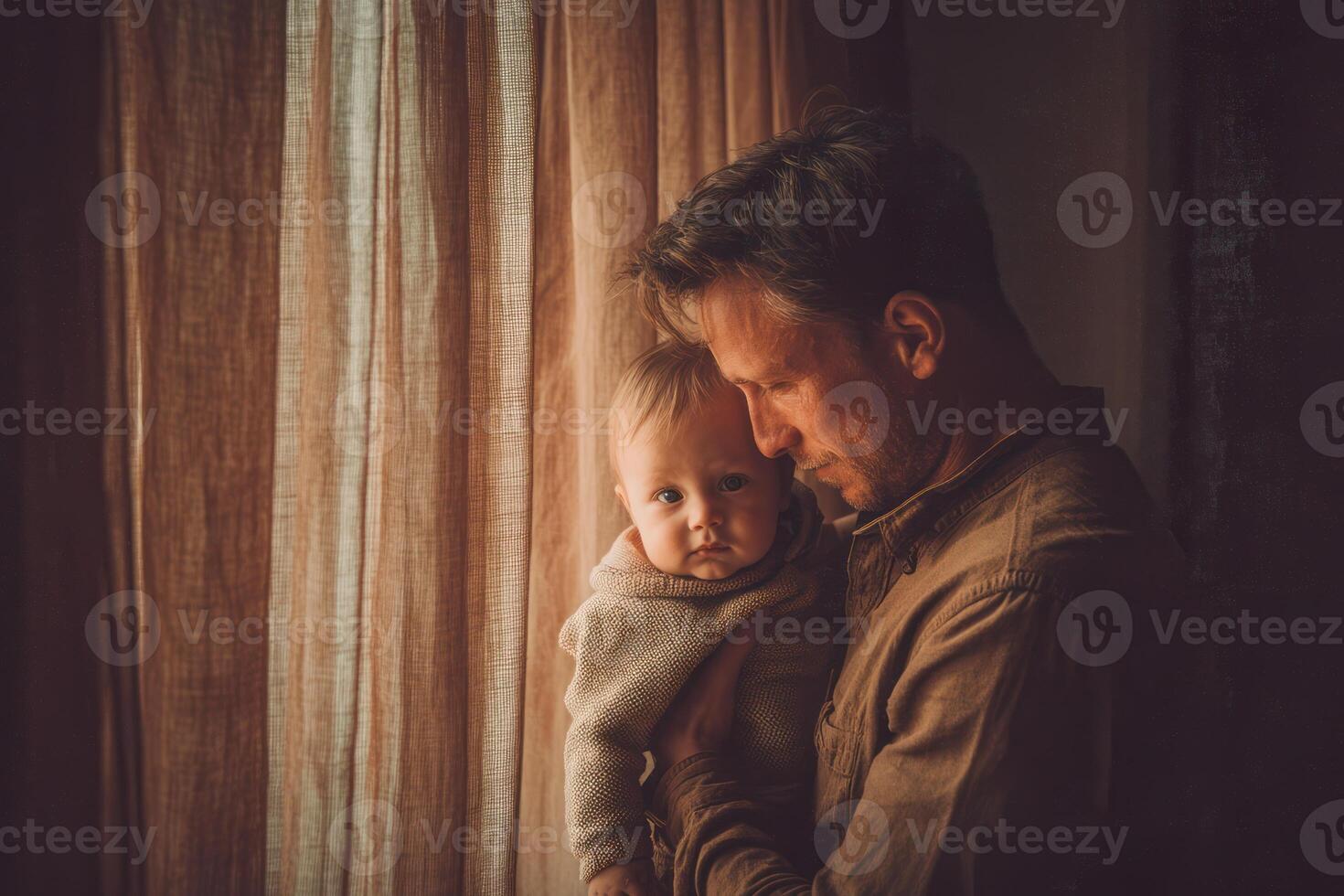 On this happy father day, father lovingly holds his baby by window, capturing moment of warmth and connection photo