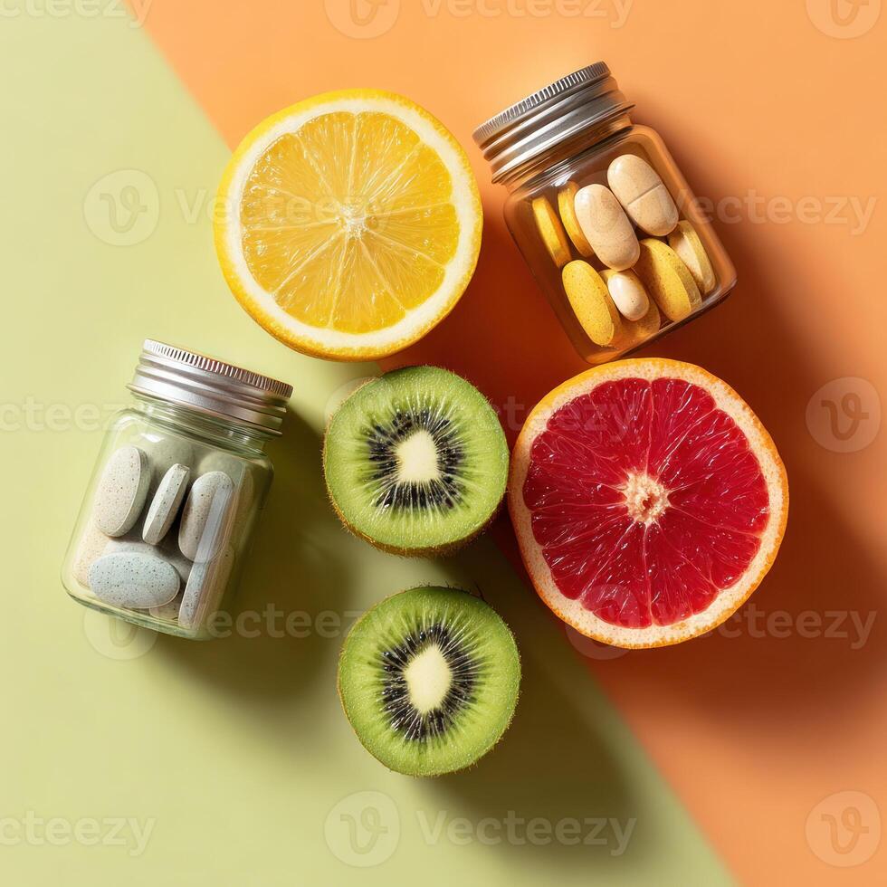 Fresh fruits and supplements arranged creatively for vibrant healthcare inspiration photo
