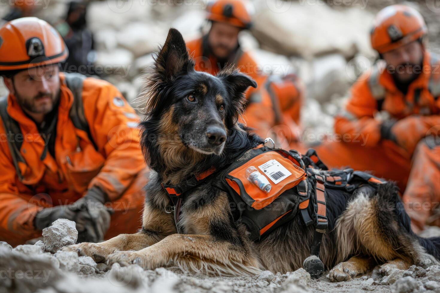 heroic rescue dog rests amidst rubble during earthquake search mission, surrounded by dedicated rescue workers in orange uniforms photo