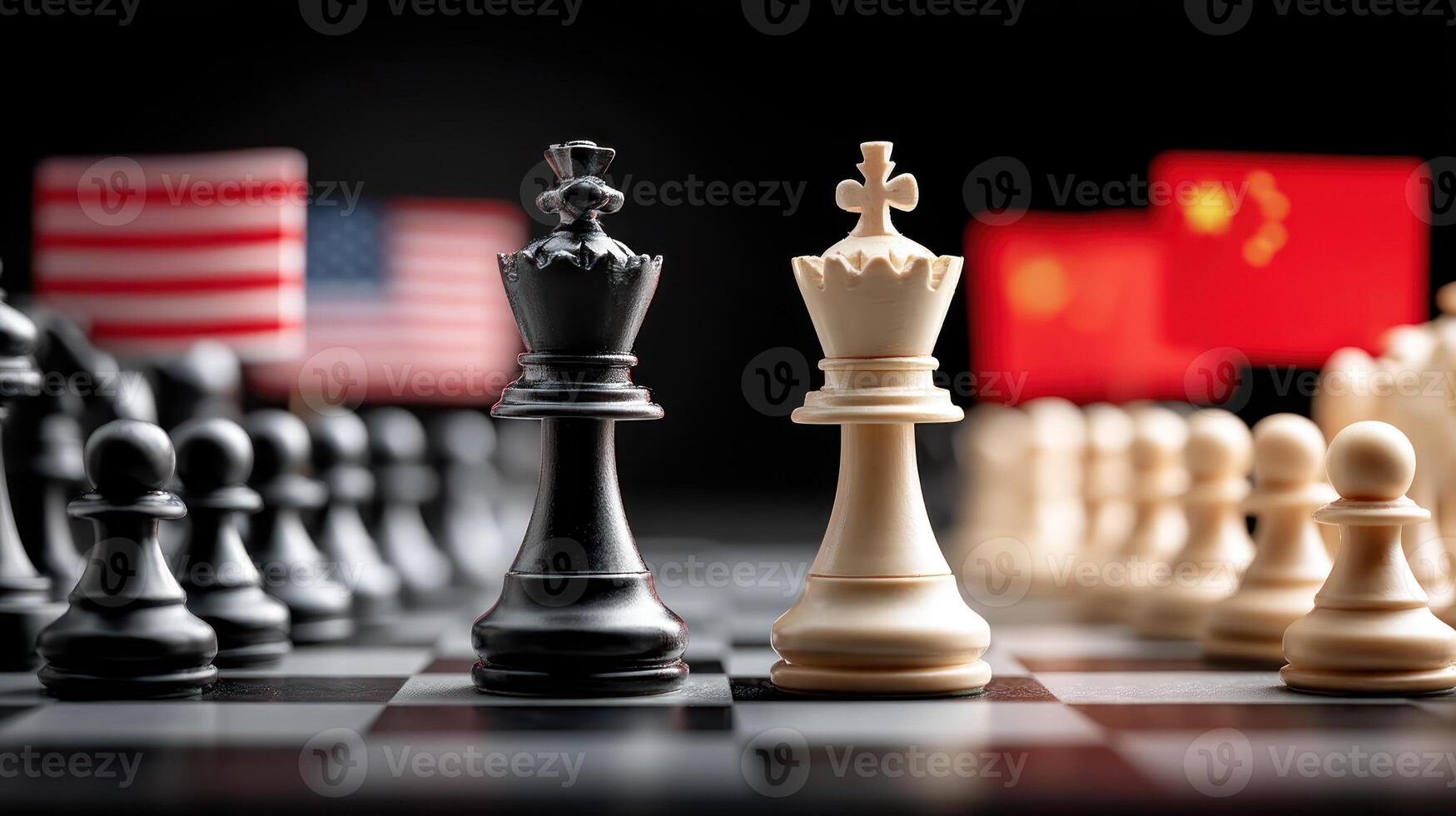 Chess pieces symbolizing USA and China trade war on chessboard with flags in background photo