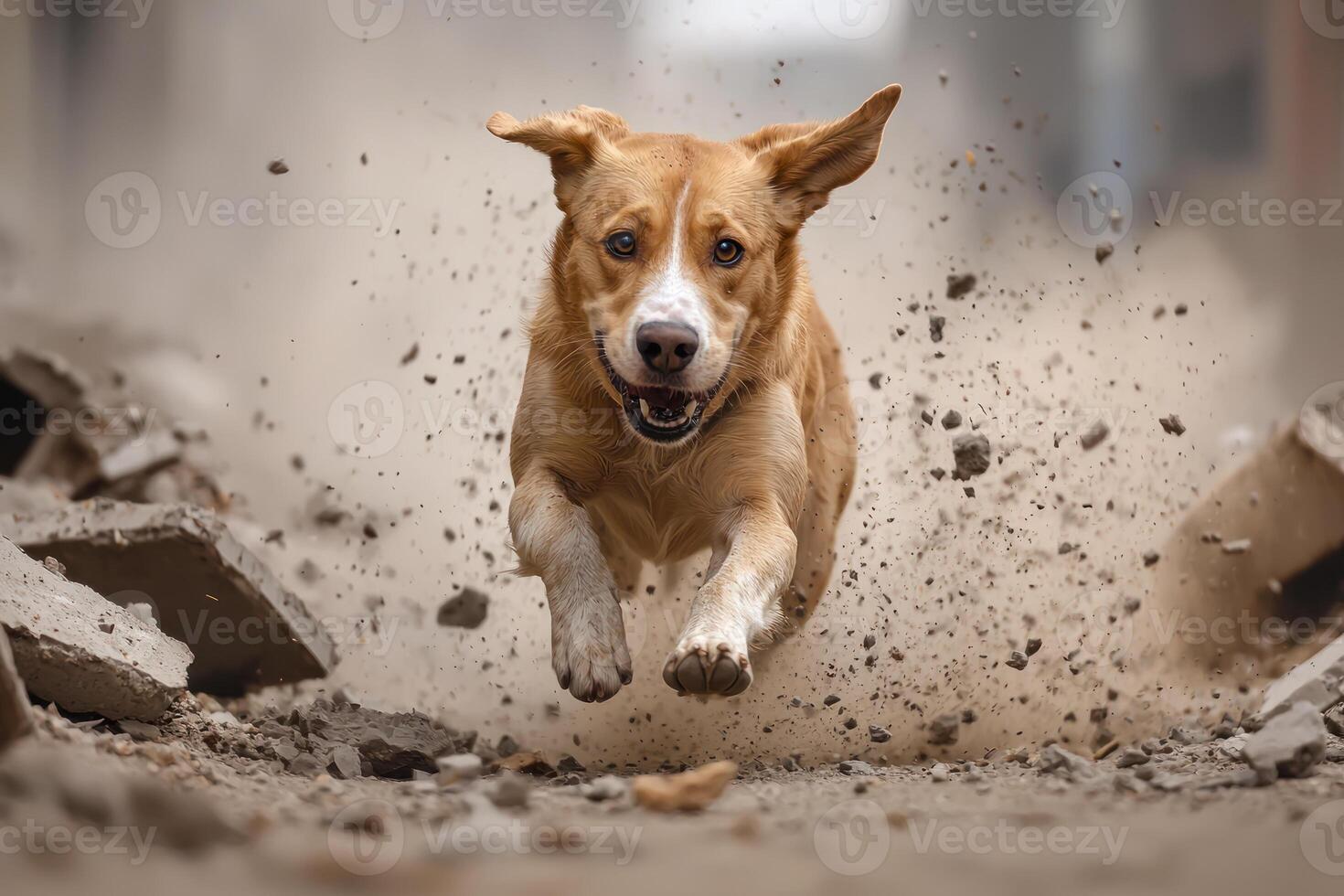 heroic rescue dog dashes through earthquake rubble, showcasing its determination and bravery during critical search mission photo