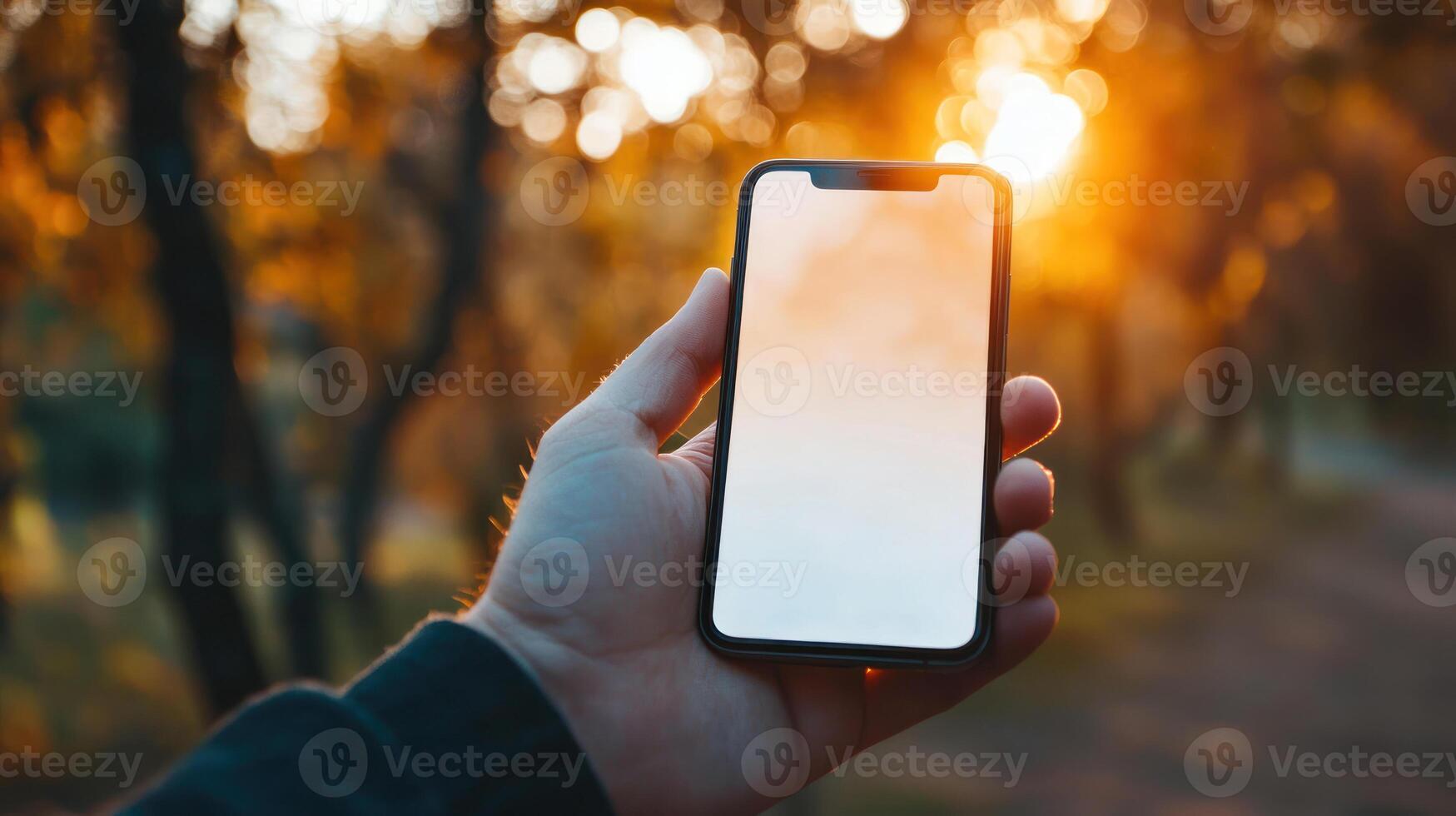 person holding smartphone with blank screen outdoors during sunset, surrounded by blurred trees and warm sunlight photo